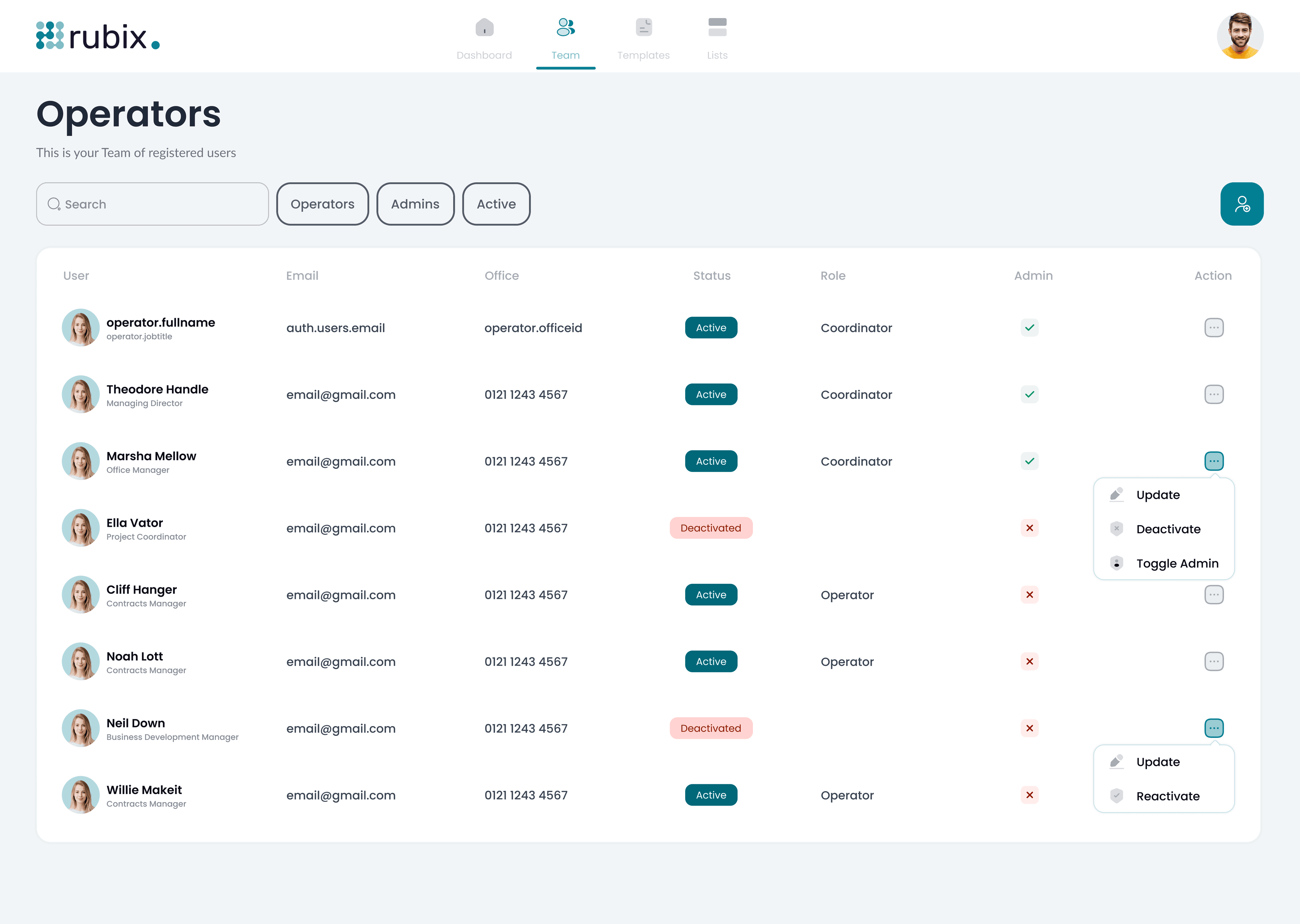 Screenshot of Rubic CRM Management System